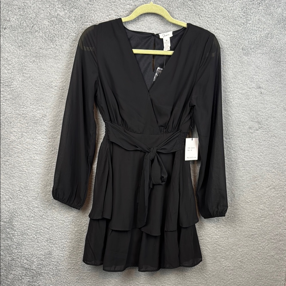 Japna Black Layered Long Sleeve Dress Sheer Sleeves Organza Size M NWT
